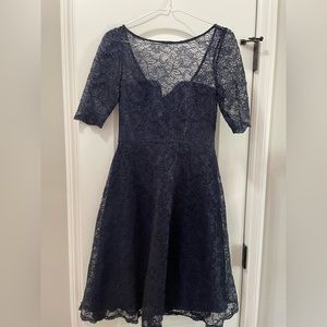 Navy 3/4 sleeve lace illusion sweetheart neckline formal dress